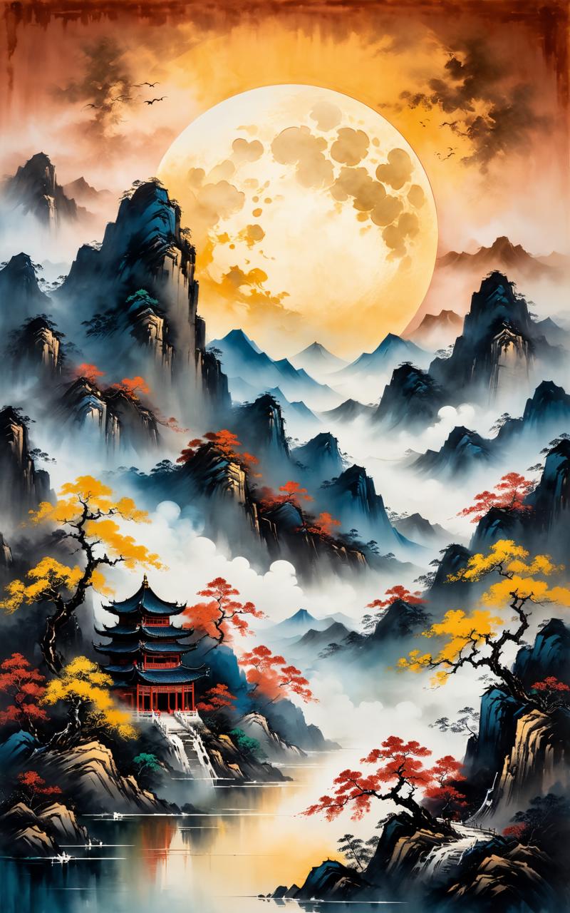 05566-2920759089-A Chinese style painting of a mountain with a moon in the sky, intricate and ornate Chinese ink style, impasto style, beautiful.png